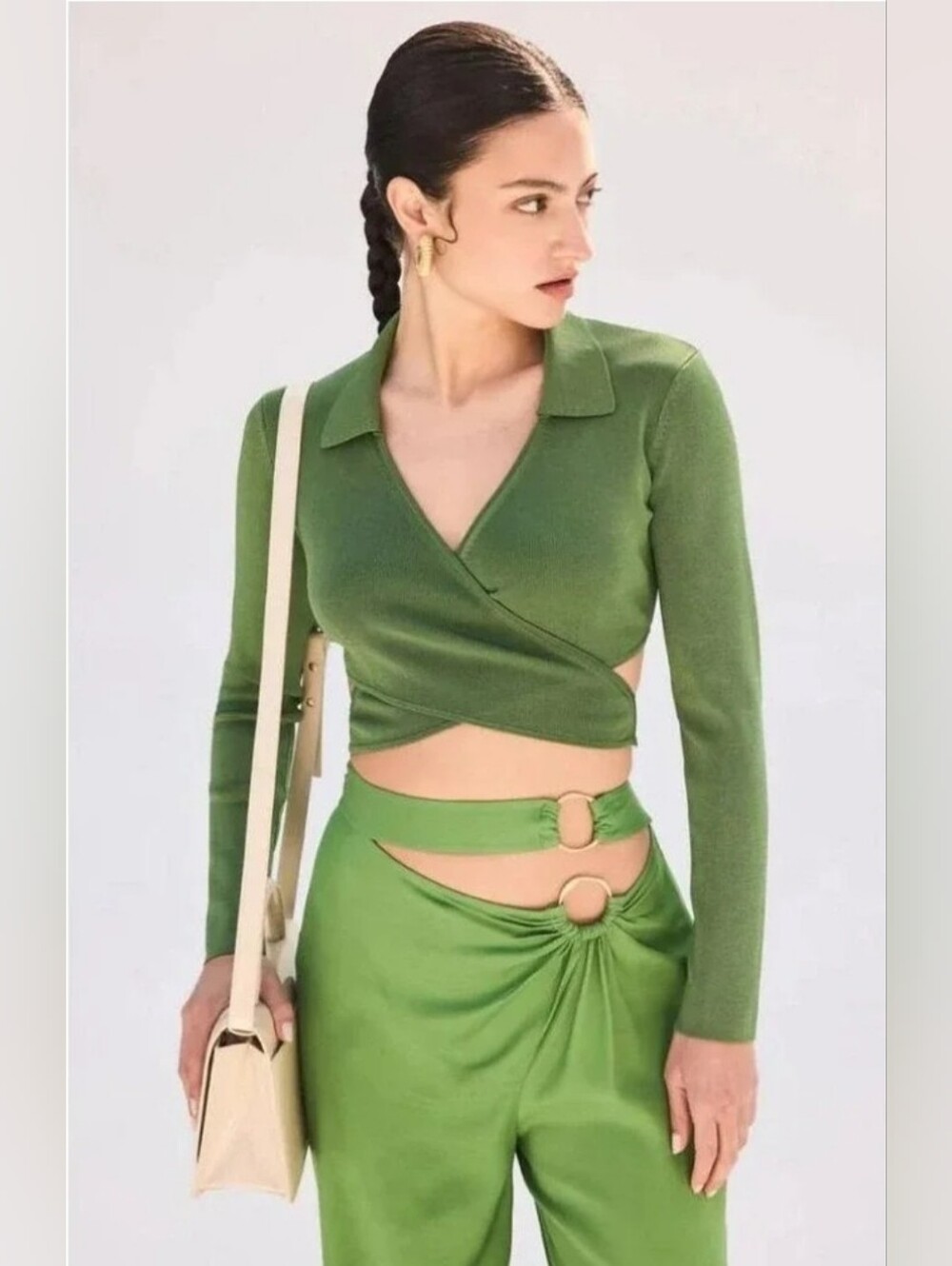 Cult Gaia Tory Knit Wrap Cropped Top Basil Green Xs